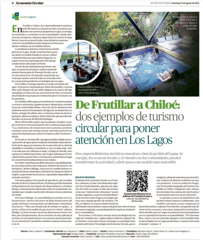 CorfoLosLagos's tweet photo. El diario El Llanquihue profundizó en dos experiencias de turismo circular de la Región, mostrando cómo la sostenibilidad puede transformarse en una herramienta concreta para mejorar la competitividad de nuestras empresas. Cancagua en Frutillar y Hotel Rilán en Chiloé @Corfo https://t.co/b78GwcByMq
