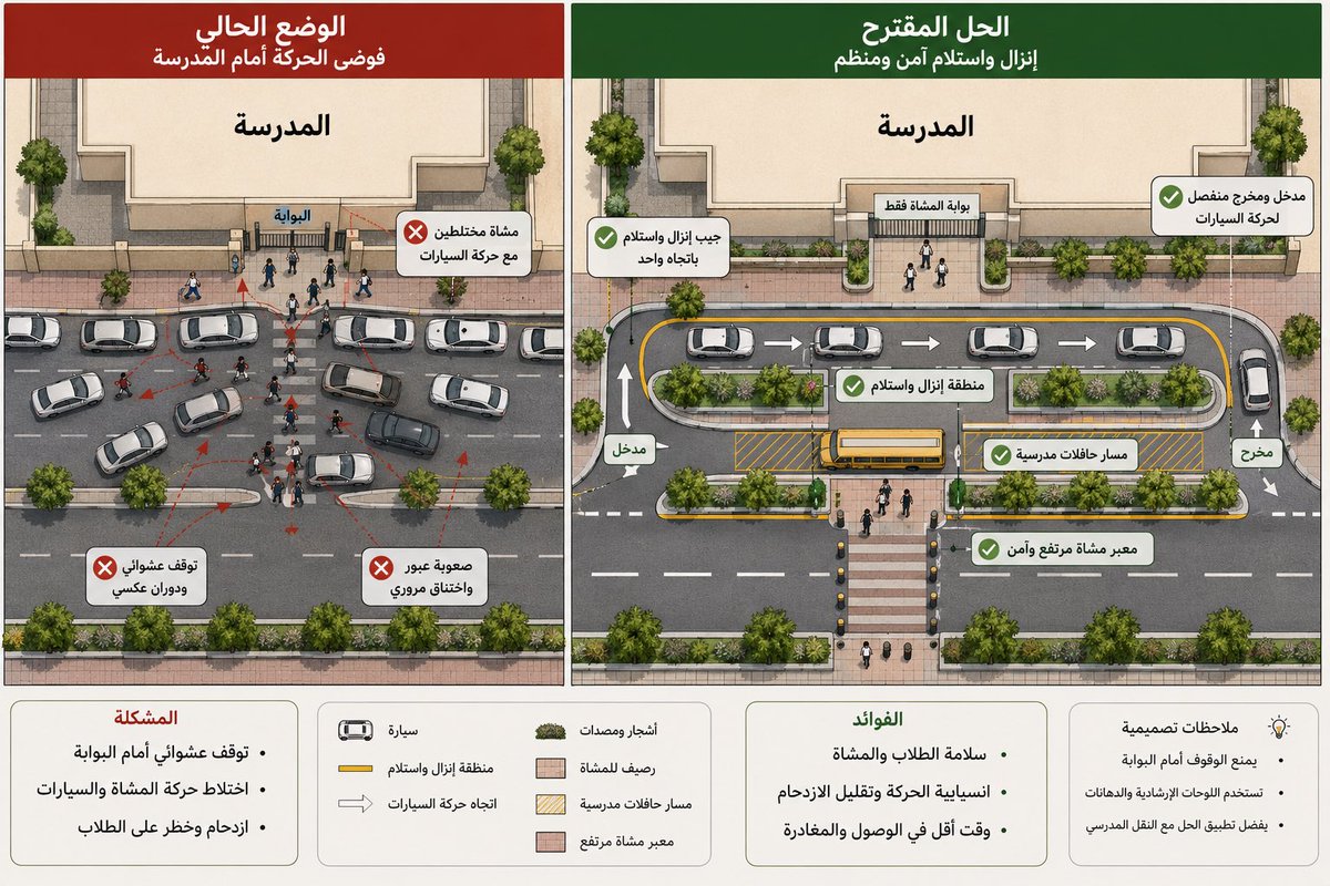 xwjeehx's tweet photo. الحل ليس وضع لوحة ممنوع الوقوف أمام المدرسة، بل إعادة تصميم حركة الوصول إليها.
مكان إنزال واستلام باتجاه واحد، مدخل ومخرج واضحان، فصل الحافلات عن سيارات أولياء الأمور، وبوابة مشاة لا تتقاطع مع السيارات.
الفكرة ببساطة: نفصل الحركات المتعارضة بدل أن نجمعه أمام البوابة.
#صافرة_حكم https://t.co/8Xd2tJsNgH