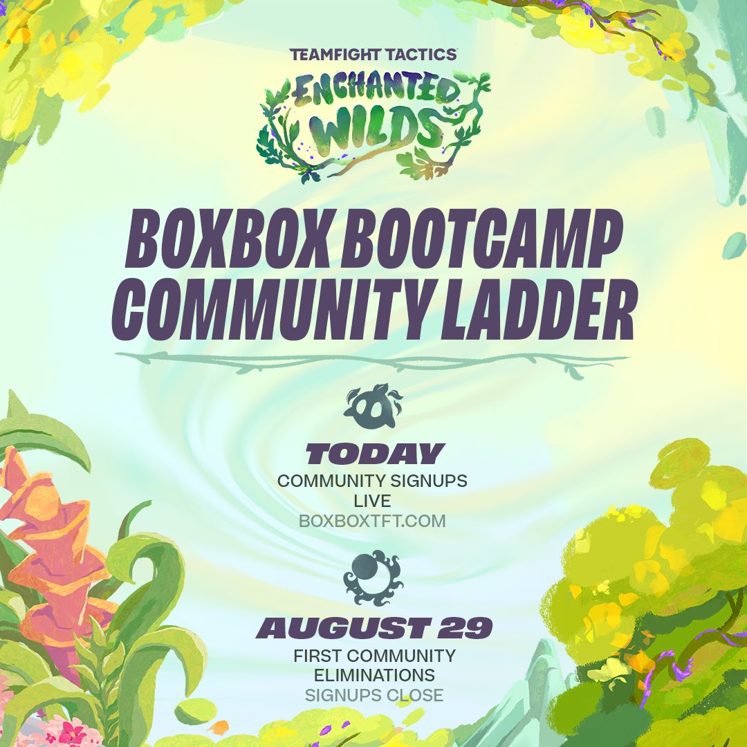 BoxBox's tweet photo. COMMUNITY SIGNUPS ARE NOW OPEN!! 🎊🎊 Here's how the Community Ladder works:

1) Sign up for the NA/EUW community bootcamp with your Riot ID here: https://t.co/Vx4YTqkfd3 | https://t.co/JkGIxxxpvw
2) When the set launches - queue up and grind Ranked! 
3) The bottom half of survivors each day are eliminated starting on Day 4.
4) Play 30 games during Bootcamp to get the Bootcamp Boom cosmetic! Place in the top 64 to win Riot Points and Treasure Tokens!
