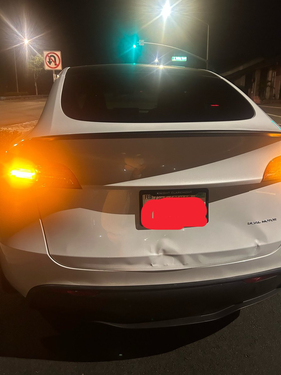 AblizAbby's tweet photo. Hero saves the beauty? No. It was my Tesla — and then my son.💕

I was on the 60 freeway going 66 mph last night around 9:50PM, following the cars in front of me. The road was wide, flat, and almost empty.

Suddenly a black Volkswagen accelerated from behind and slammed into my car. I heard a sound like thunder. Time froze. I was in shock. I blacked out for at least ten minutes. My back and lower back were in searing pain😭

When I came to consciousness, I realized my little white Tesla — my “baby car” — had switched into FSD (the car’s supervised self-driving mode) and turned the hazard lights on by itself. It drove me all the way to Diamond Bar and stopped on a local street. After that it would not move again until I called my son Justin🤣

I am blessed to have my son and this Model Y. They got me home when someone was trying to hurt me.
Intentionally hitting another person is a crime. If you saw a black Volkswagen with no plates on the 60 East around that time, please call the police or contact me.

This morning I went to the California Highway Patrol. I have tremendous respect for their work. Thank you to the officers who took the time to listen and document what happened. ♥️

I attached photos and videos, it did happen to me, I’m not faking anything.
