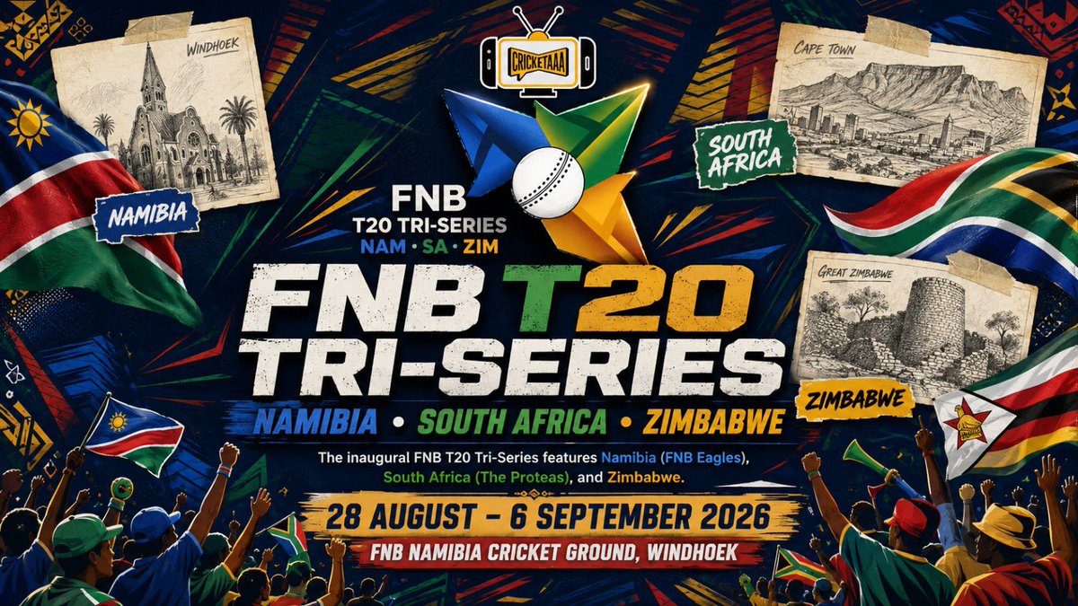 cricketaaatv's tweet photo. FNB T20 Tri-Series 2026  Namibia hosts South Africa and Zimbabwe in the FNB T20 Tri-Series! 🏏 The action gets underway on August 28, with the tri-series running through September 6 in Namibia.   

#FNBT20TriSeries #Namibia #SouthAfrica #Zimbabwe #Proteas #Cricket #T20I https://t.co/0n8LGoKCi3