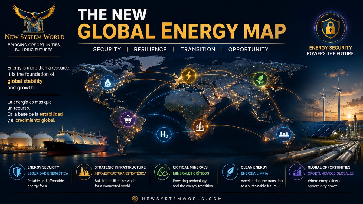 NewSystemWorld's tweet photo. The global energy map is being redrawn.

Capital will follow energy security, critical minerals, resilient infrastructure and technology.

Where strategic value is created, capital will follow.

#GlobalEnergy #EnergySecurity #EnergyInvestment #NEWSYSTEMWORLD https://t.co/JaIoQyf61J