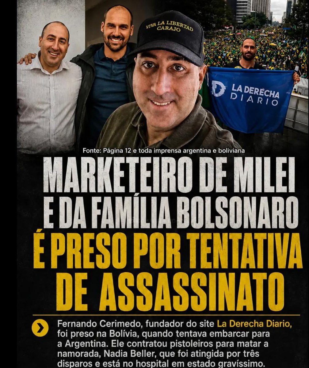 mariadorosario's tweet photo. GURU DE FLÁVIO BOLSONARO É PRESO.

Marqueteiro argentino que ajudou o bolsonarismo a espalhar mentiras contra as urnas brasileiras, foi preso na Bolívia sob suspeita de participação na tentativa de assassinato de sua ex-companheira, atingida por três tiros.

Onde há mentira, ataque à democracia, operação clandestina ou violência, sempre aparece alguém próximo aos Bolsonaros. A família Bolsonaro parece ter um talento especial para encontrar aliados no submundo da política.