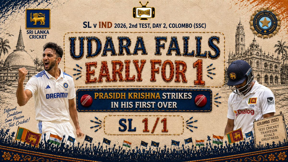 cricketaaatv's tweet photo. Early blow for Sri Lanka!  Madara departs for just 1, giving India an early breakthrough in Sri Lanka’s reply.  

#SriLankaVsIndia #TeamIndia #SriLankaCricket #TestCricket #Cricket https://t.co/JNm1czXJJU