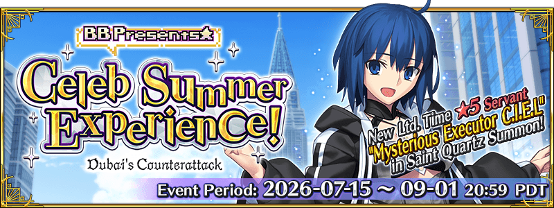 FateGO_USA's tweet photo. BB Presents☆Celeb Summer Experience! Dubai's Counterattack is coming to a close on 09/01! Complete this event to earn various rewards including Saint Quartz, Spiritron Dresses, and more!

More Info ➡️ https://t.co/xHcKpqEy2C
#FateGOUSA https://t.co/elyVMP4vgq