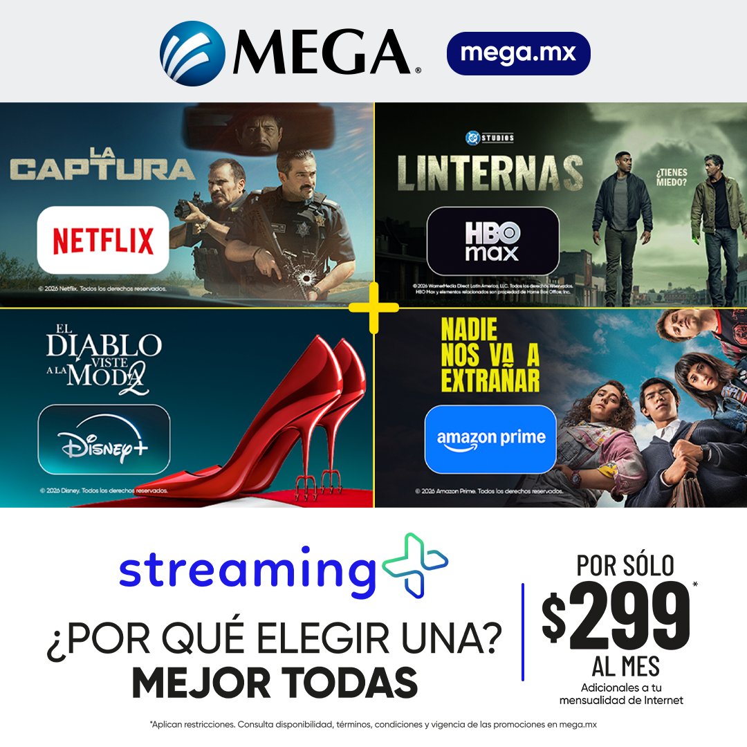 Megacable's tweet photo. 🍿✨ ¿Por qué elegir una plataforma cuando puedes tenerlas todas?
Con Streaming+ de MEGA disfrutas de Netflix, HBO Max, Disney+ y Amazon Prime por solo $299 al mes*, adicionales a tu mensualidad de Internet.
👉 Contrata ahora en https://t.co/CNRufCciug https://t.co/ADP6YhK7LV