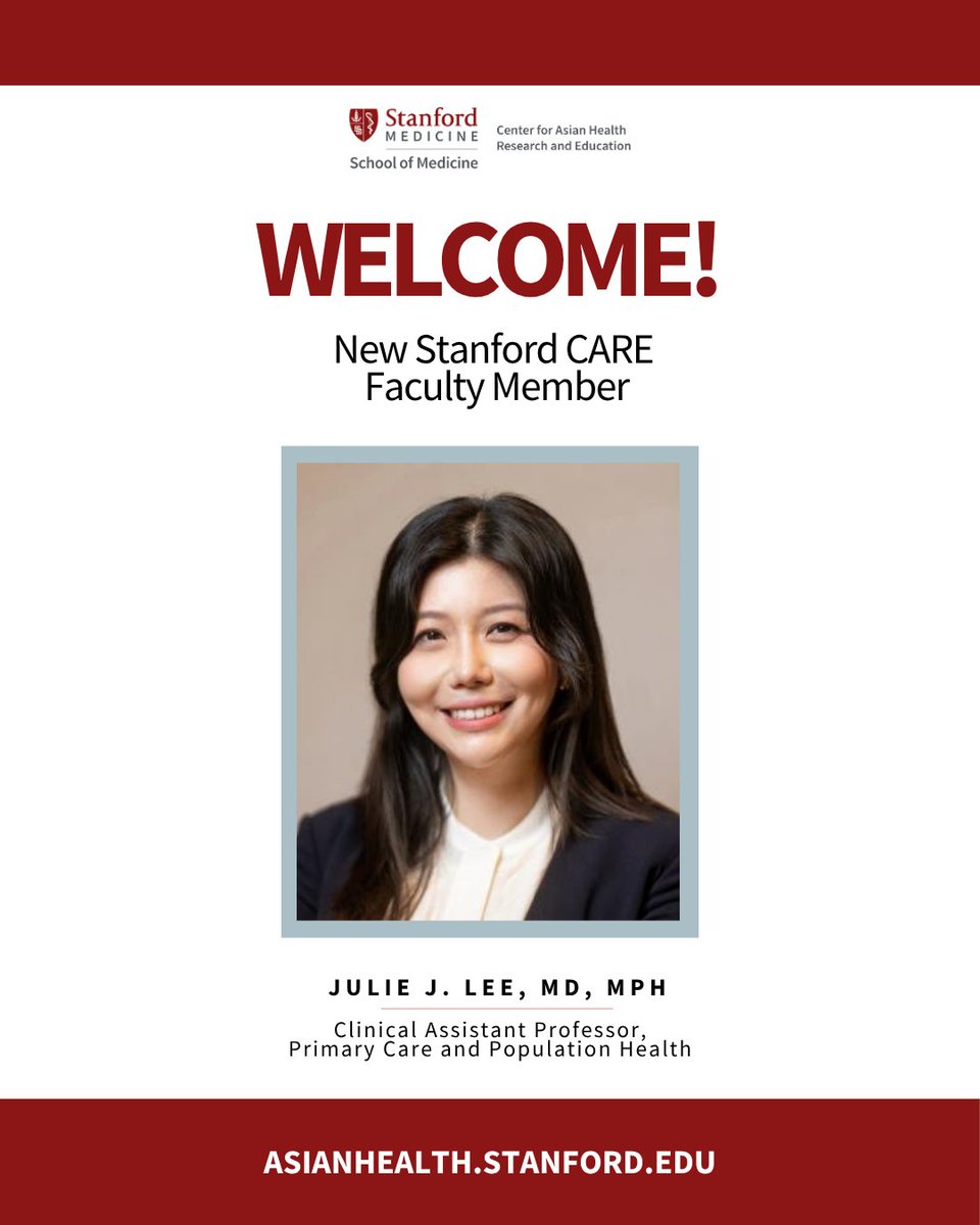 StanfordCAREs's tweet photo. We’re excited to welcome Julie J. Lee, MD, MPH, to Stanford CARE! Dr. Lee @drjulielee works in obesity medicine and cardiometabolic health, with interests in health equity and integrating technologies such as AI, digital health, and remote patient monitoring into clinical care. Learn more about Dr. Lee: https://t.co/RLntCvetDe  #StanfordCARE #ClinicalInformatics #ObesityMedicine #PrecisionHealth #AsianHealth