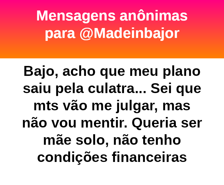 madeinbajor's tweet photo. #bajo44963
Tem como não te julgar?
Vc acha que filho é brincadeira?
Filho são três vidas, a sua a da criança e do pai da criança. 
Oq vc fez é uma burrice que nem cabe nas escalas de burrices. https://t.co/RLyH2seIsu