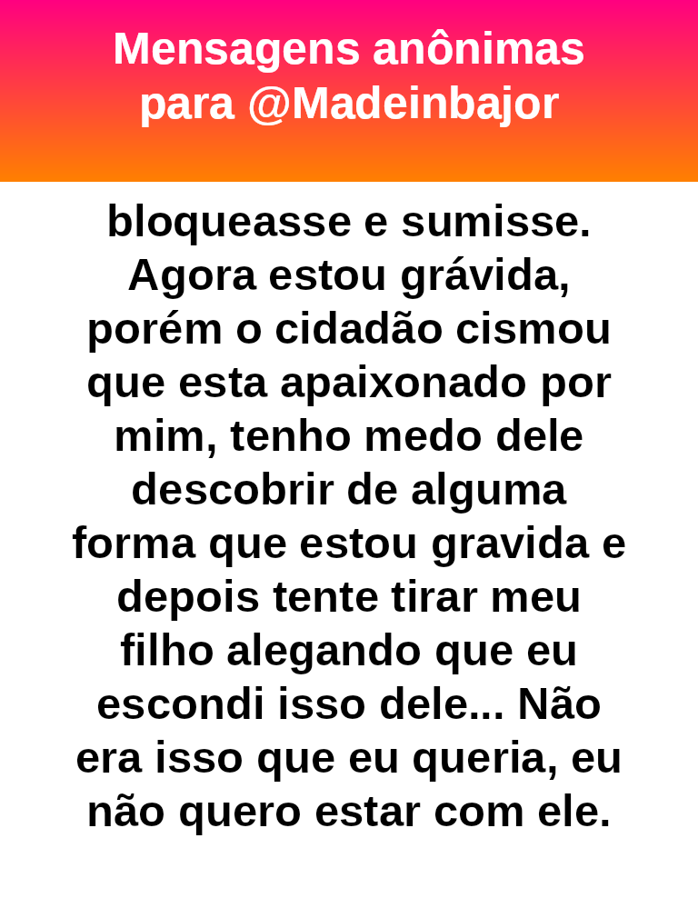 madeinbajor's tweet photo. #bajo44963
Tem como não te julgar?
Vc acha que filho é brincadeira?
Filho são três vidas, a sua a da criança e do pai da criança. 
Oq vc fez é uma burrice que nem cabe nas escalas de burrices. https://t.co/RLyH2seIsu