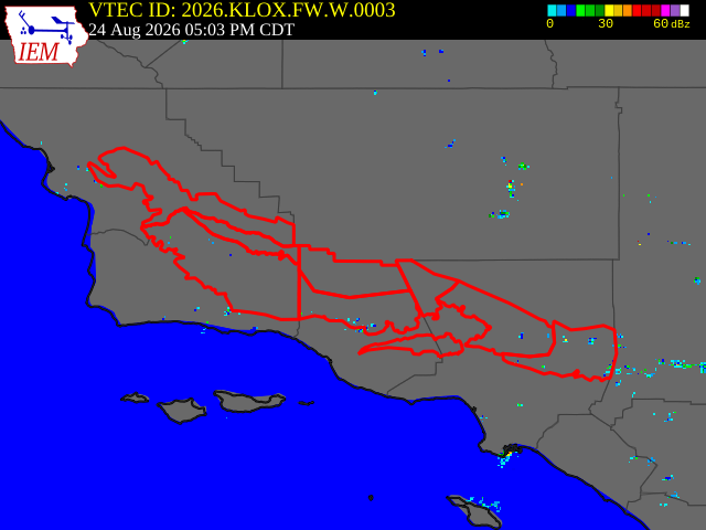 InfernoWatch24's tweet photo. A #RedFlagWarning has been issued by the #LosAngeles/#Oxnard NWS Office for the period between 10 AM Tuesday (08/25) through 3 PM Friday (08/28).
Below are the details with a map of the respective areas under a Red Flag Warning conditions:
URGENT - FIRE WEATHER MESSAGE
National Weather Service Los Angeles/Oxnard CA
146 PM PDT Mon Aug 24 2026
...RED FLAG WARNING IN EFFECT 10 AM TUESDAY TO 3 PM FRIDAY FOR
MANY INTERIOR PORTIONS OF SOUTHWEST CALIFORNIA DUE TO EXTREME HEAT
AND INSTABILITY ALONG WITH LOCALLY GUSTY WINDS AND LOW
HUMIDITIES...
.A very hot and unstable air mass combined with locally gusty
winds and low humidities will bring a significant risk of large
plume dominated fires with rapid spread and extreme fire behavior.
CAZ238-345-353-376>379-251700-
/O.NEW.KLOX.FW.W.0003.260825T1700Z-260828T2200Z/
Cuyama Valley-San Luis Obispo County Mountains-
Santa Barbara County Interior Mountains-
Southern Ventura County Mountains-
Northern Ventura County Mountains-Interstate 5 Corridor-
Western San Gabriel Mountains and Highway 14 Corridor-
146 PM PDT Mon Aug 24 2026
...RED FLAG WARNING IN EFFECT FROM 10 AM TUESDAY TO 3 PM PDT
FRIDAY FOR EXTREME HEAT AND INSTABILITY ALONG WITH LOCALLY GUSTY
WINDS AND LOW HUMIDITIES FOR THE INTERIOR MOUNTAINS AND ADJACENT
FOOTHILLS OF LOS ANGELES, VENTURA, SANTA BARBARA, AND SAN LUIS
OBISPO COUNTIES, AND CUYAMA VALLEY...
The National Weather Service in Los Angeles/Oxnard has issued a
Red Flag Warning for extreme heat and instability along with
locally gusty winds and low humidities, which is in effect from
10 AM Tuesday to 3 PM PDT Friday.
* TEMPERATURES...Highs 98 to 108 across the lower mountains and
adjacent foothills, and Cuyama Valley, and 85 to 95 across
higher mountains. Lows in the mid 70s to mid 80s common in the
mountains and foothills.
* INSTABILITY...Very deep mixing heights of 12,000 to 20,000 feet
Tuesday through Thursday, slightly lower on Friday.
* WINDS...Local northwest to north winds 15 to 25 mph with gusts
up to 35 mph at times, strongest across the I-5 and Highway 33
corridors. A slightly stronger northerly wind push is possible
late Thursday night into Friday morning, with gusts up to 40 mph
possible across the I-5 corridor.
* RELATIVE HUMIDITY...Minimum humidities 10 to 20 percent each
day, with isolated values as low as 8 percent by Thursday and
Friday. Poor recoveries overnight hours in the mountains and
foothills with humidities in the 15 to 30 percent range.
* IMPACTS...There is a significant risk of large plume dominated
fires with rapid fire spread and extreme fire behavior. There is
a history of large plume dominated fires this time of year with
similar weather and fuel conditions, including the Bridge,
Bobcat, and Station fires.
PRECAUTIONARY/PREPAREDNESS ACTIONS...
A Red Flag Warning means that critical fire weather conditions
will occur shortly. Use extreme caution with anything that can
spark a wildfire. Residents near wildland interfaces should be
prepared to evacuate if a wildfire breaks out. See
https://t.co/6Ng0laJWrE and https://t.co/NHC3Dm3TVT for information.
&&
$$