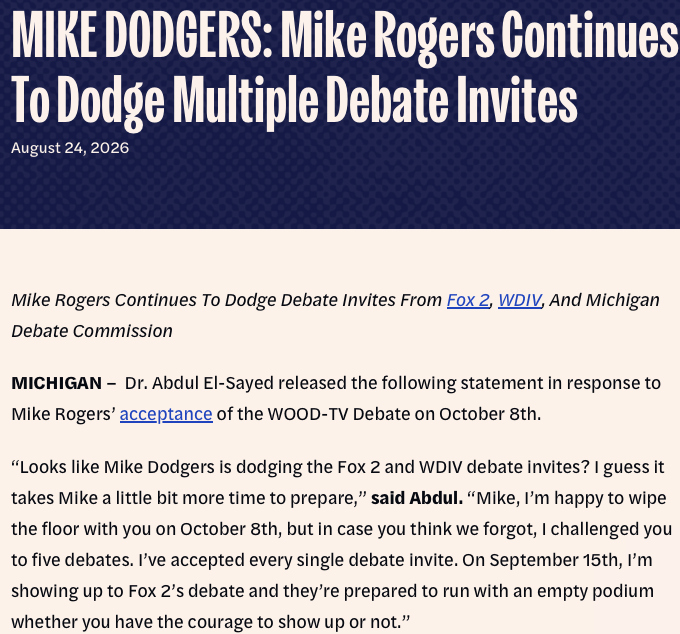 ColeWozniak's tweet photo. Abdul El-Sayed: “Mike, I’m happy to wipe the floor with you on October 8th, but in case you think we forgot, I challenged you to five debates. I’ve accepted every single debate invite. On September 15th, I’m showing up to Fox 2’s debate and they’re prepared to run with an empty podium whether you have the courage to show up or not.”