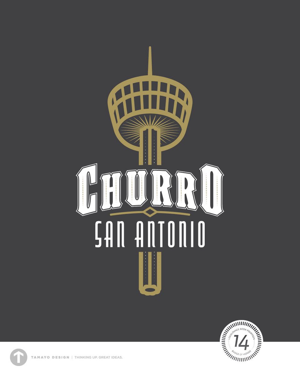 BarakTamayo's tweet photo. Continuing with some @logolounge published work.

This logo design was a personal project that started as a joke I made. I drive by the Tower of the Americas in San Antonio a lot for work and noticed the central column looks like a churro. Maybe I like food too much. https://t.co/x6LsTtip1G