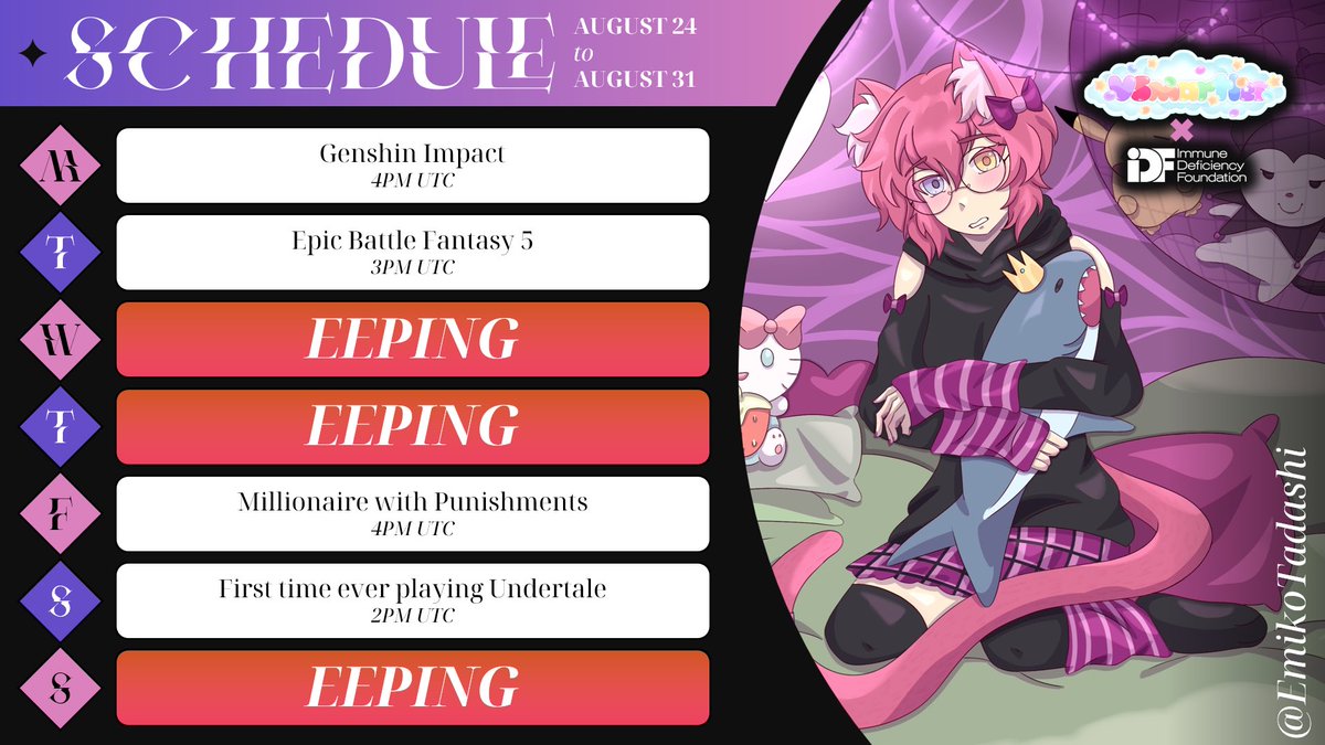 PrinceZenka's tweet photo. This week I’m doing a charity event with @SmartiesVT to raise money for the Immune Deficiency Foundation

Today we did Genshin, the rest of this week will be these days.

Times in UTC, ignore the typo at  the top.

Join at princezenka on 💜 “the purple app” (ttv) https://t.co/M2clA9Gzqv