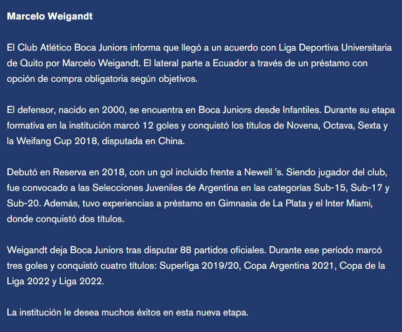 la12tuittera's tweet photo. 📢#Boca comunicó la salida de MARCELO WEIGANDT y MAURICIO BENÍTEZ.

▶️Weigandt: préstamo a LDU Quito con opción de compra que será obligatoria si llega a 20 partidos.

▶️Benítez: transferencia definitiva al Royal Antwerp por US$ 2.5M y #Boca se reserva el 20% de una futura venta. https://t.co/rIsEhQFtvS