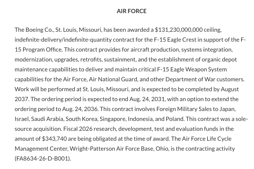 StockMKTNewz's tweet photo. Boeing $BA was just awarded a $131.2 Billion contract with the 🇺🇸 Air Force 

"For the F-15 Eagle Crest in support of the F-15 Program Office. This contract provides for aircraft production, systems integration, modernization, upgrades, retrofits, sustainment, and the establishment of organic depot maintenance capabilities to deliver and maintain critical F-15 Eagle Weapon System capabilities"