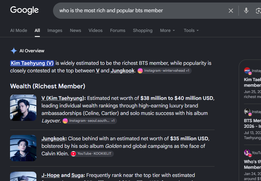 borahae_h's tweet photo. @fatherhyungs @ThePopZoneX if you ask this question in google, you get the real answer - and that's what the gp thinks. 

jimin's flop ass is neither the most popular nor the richest member. his fans get too brave over some botted streaming records lol. https://t.co/ANNmkxSdqd