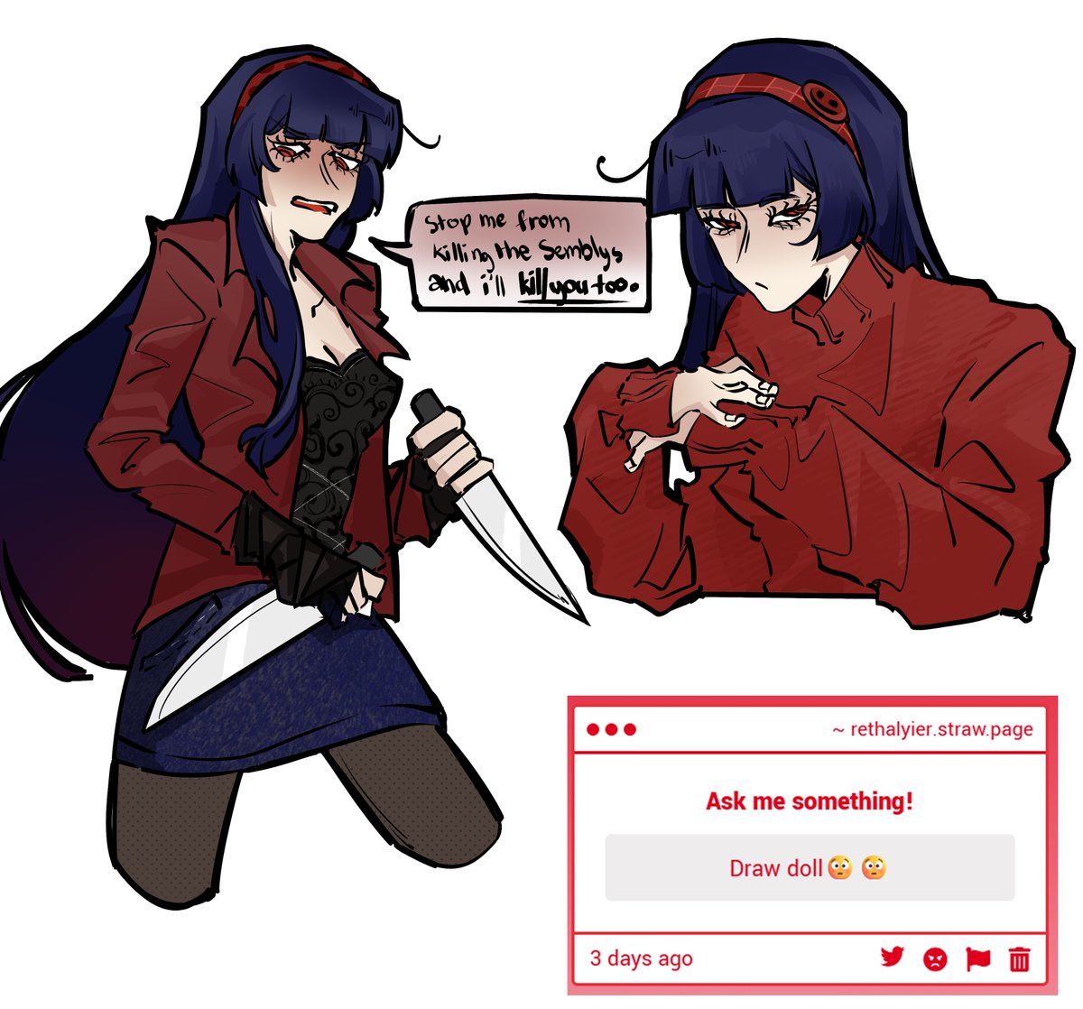 rethalyier's tweet photo. here u goo. shes really mad at her parents' killers #murderdrones #murderdronesdoll #nightmareatcamp987 https://t.co/k0HPbHw8Us