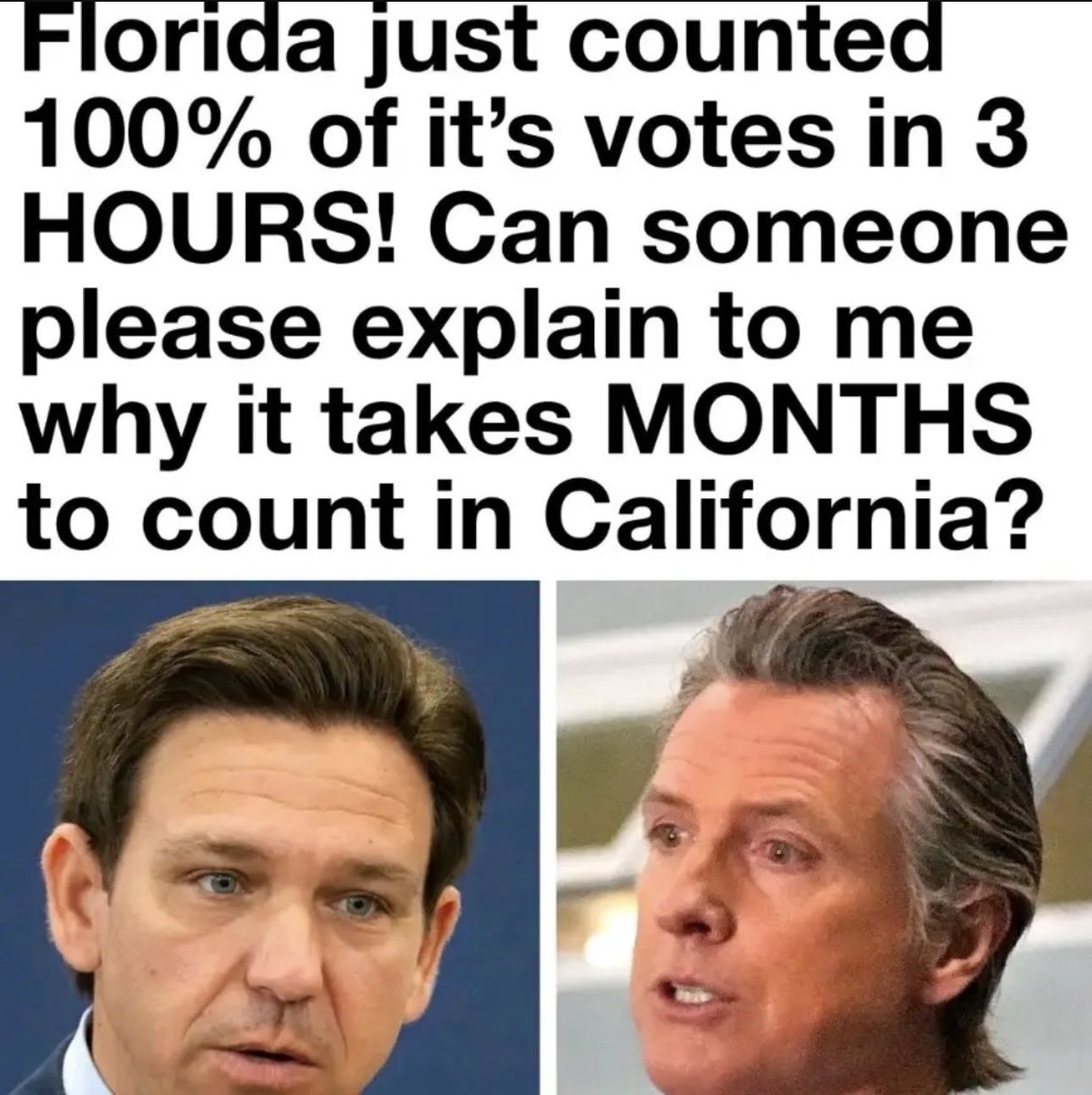 JustJenRX's tweet photo. If Florida can count all of their votes in 3 hours, and it takes 3 months for California to count their votes, that screams…CHEATING. https://t.co/tXzepjCDl5
