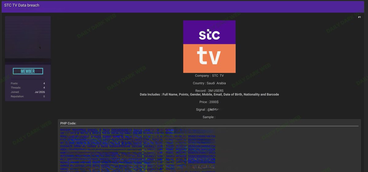 DailyDarkWeb's tweet photo. 🇸🇦 3 Million STC TV User Records Allegedly Offered for Sale

A threat actor on an underground forum is advertising what they claim to be a database containing approximately 3 million user records associated with STC TV, a streaming service operating in Saudi Arabia.

* The actor claims the database contains approximately 3 million users

* Allegedly exposed information includes full names, mobile numbers and email addresses

* Additional fields reportedly include dates of birth, gender and nationality

* The seller also claims the dataset contains customer points and barcode information

* Sample records have been published as purported proof of possession

* The database is being advertised for $2,000

⚠️ Analyst Note:

If authentic, the combination of identity, contact and demographic information could enable targeted phishing, account impersonation, SIM-related social engineering and other forms of identity fraud.

The listing should currently be treated as a threat-actor claim. DDW has not independently verified the alleged 3 million records, their freshness, or whether the data resulted from a new compromise of STC TV.

#DDW #SaudiArabia #STCTV #DataBreach #DarkWeb #ThreatIntelligence #Cybersecurity