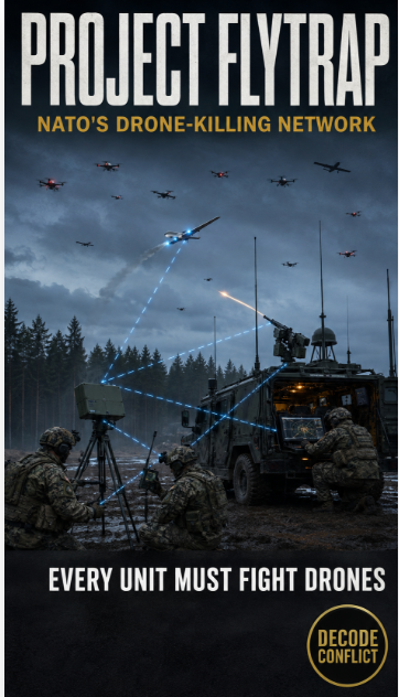 DecodeConflict's tweet photo. PROJECT FLYTRAP: NATO IS BUILDING A DRONE-KILLING NETWORK
Decode Conflict Technology Assessment

The U.S. Army and its allies are testing how ordinary ground formations can survive inside a battlefield saturated with inexpensive drones.

During Project Flytrap 5.0, conducted in Lithuania from April 30 to May 19, 2026, American and British forces evaluated more than 50 counter-drone technologies under realistic field conditions.

The systems included battlefield radars, radio-frequency jammers, kinetic interceptors, unmanned ground vehicles, attack drones and artificial-intelligence-enabled command networks.

The breakthrough is not one spectacular weapon. It is the network connecting them.

A radar may detect an approaching drone. Electronic-warfare equipment identifies its control signal. The command network determines which unit has the best firing position. A jammer, interceptor or soldier then defeats the threat.

Project Flytrap also placed commercial and experimental equipment directly into soldiers’ hands. Their battlefield feedback can determine which technologies are purchased, how they are distributed and what tactics are adopted across larger formations.

This matters because traditional air-defense missiles are too expensive and scarce to use against every low-cost drone. Forces need layered defenses that can select the least expensive effective response electronic disruption, when possible, gunfire when necessary and specialized interceptors for the most dangerous threats.

Decode Conflict Assessment

Project Flytrap signals a major doctrinal change. Counter-drone defense can no longer remain the responsibility of a few specialized units guarding major bases.

Every maneuver formation must be able to detect, track and defeat drones while continuing to move and fight.

The next battlefield will not have a separate drone war. Drones will be present everywhere and every unit must become part of the defense.

 Decode Conflict