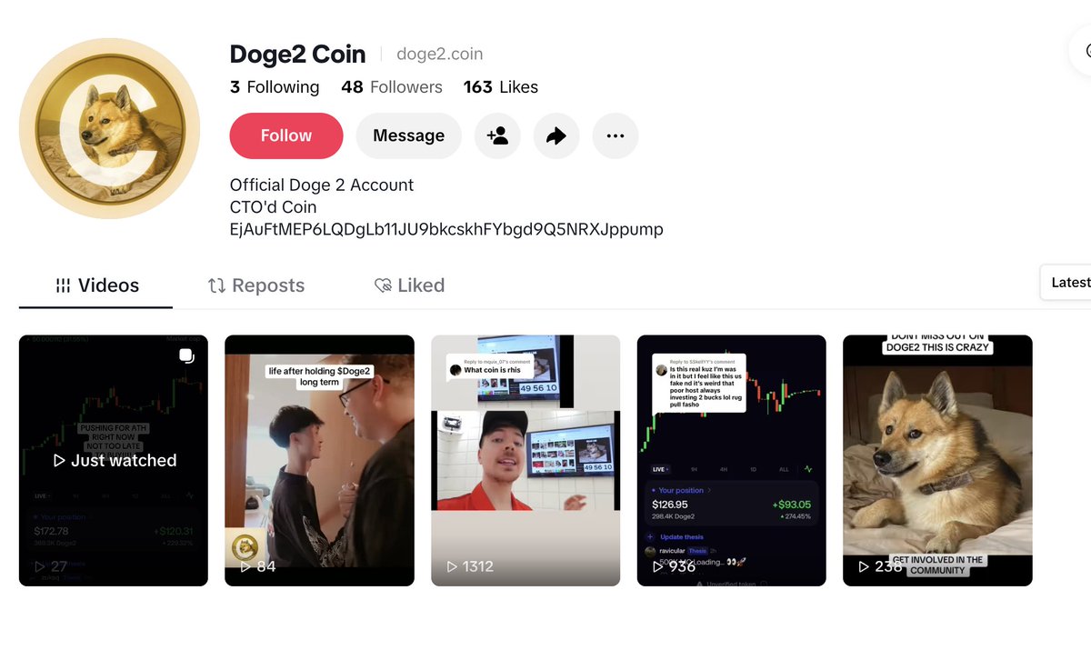 tickerDOGE2's tweet photo. https://t.co/XBt6xhTW2k

The $DOGE2 TikTok takeover is only just beginning. This is one of many community based accounts helping push the narrative to the masses.

We will continue to share all community efforts here on the main page! https://t.co/fvybdqGnGU