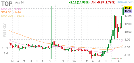 May02Investing's tweet photo. Today's top gainer TOP Financial Group Limited, surging 14.9% to $16.24.

If you had invested $10,000 into $TOP at IPO and held to today, you'd currently have $1,299.

Annual performance
2023: -23% 🔴
2024: -60% 🔴
2025: -34% 🔴 https://t.co/T84RHKAkgQ