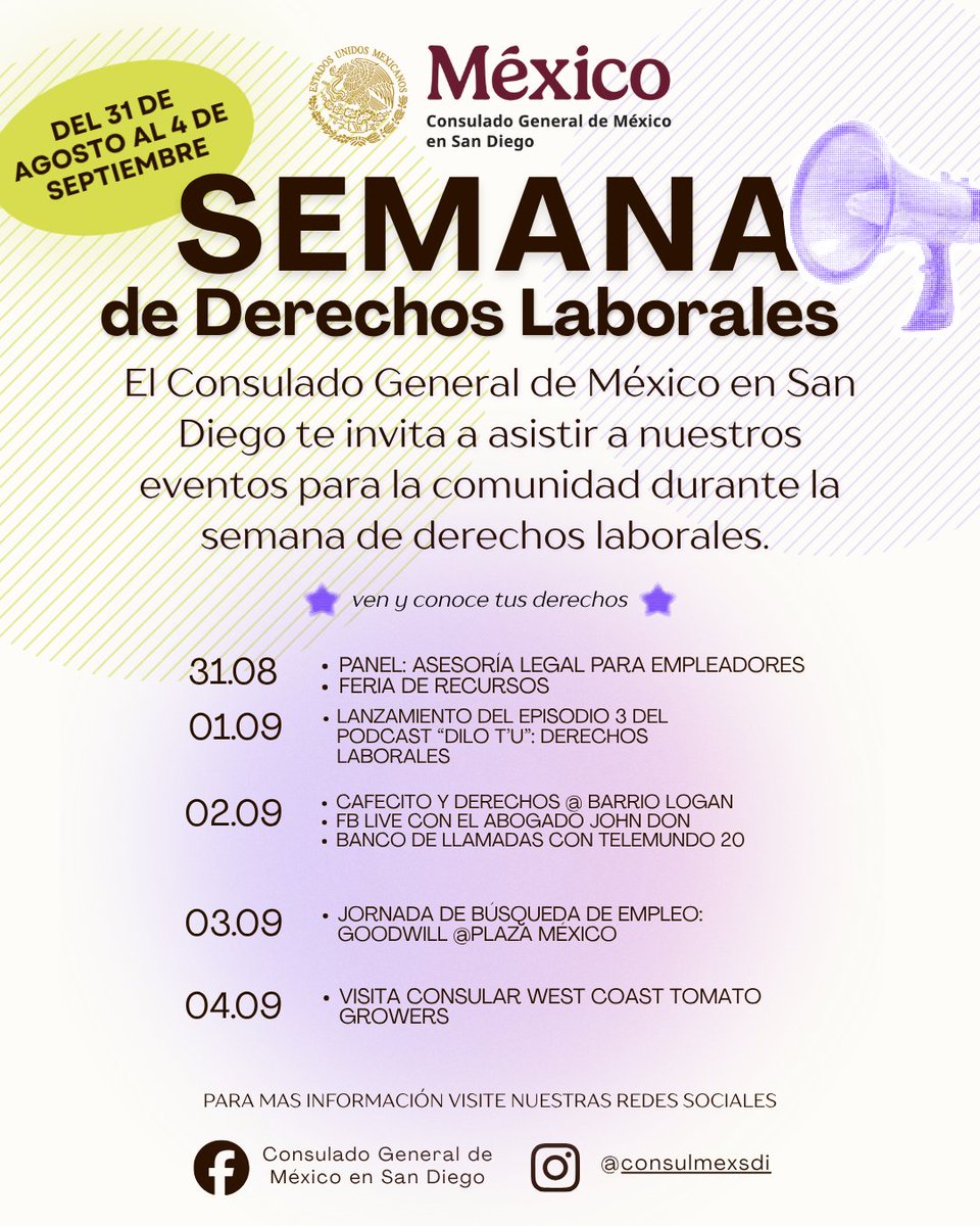 ConsulMexSdi's tweet photo. ⭐️#ComunidadMexicana  ¡Llega la Semana de Derechos Laborales! 🧑‍🏭⚖️Del 31 de agosto al 4 de septiembre. Acude a nuestra sede para participar en eventos gratuitos, conocer tus derechos laborales y aprender cómo ejercerlos. ¡No se la pierdan! 📍 1549 India St., San Diego, CA, 92101 https://t.co/Tf4Cf0BhgT