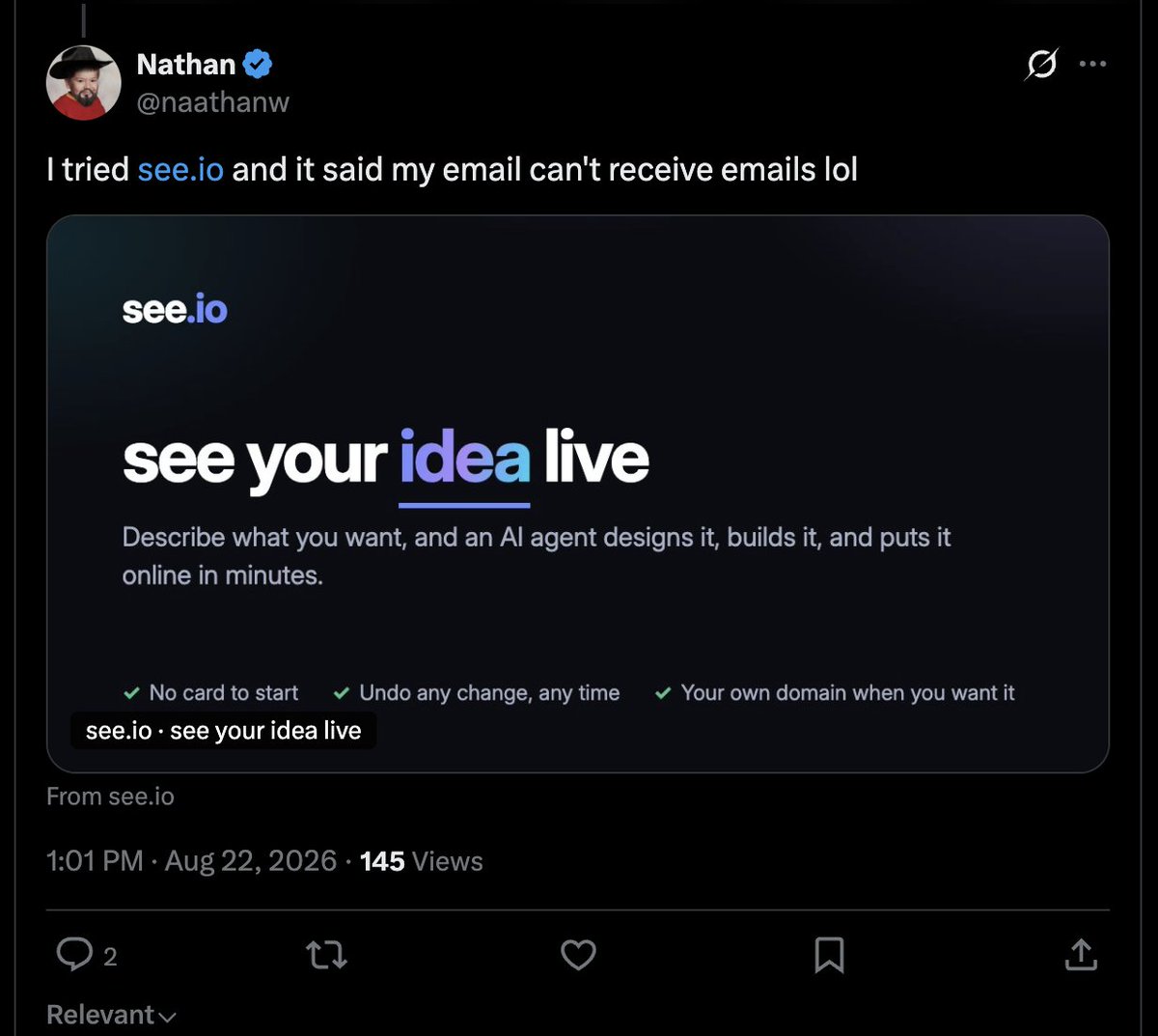 moneimrahma's tweet photo. Something weird is going on with https://t.co/ZqOG8fisQ4 and https://t.co/m76m0tdWIq

https://t.co/ZqOG8fisQ4 the #1 bidder on the site has paid $17,000 for its spot but theres a weird timeline of events 

August 12th- The domain is updated according to WHOIS

August 16th- The Privacy Policy is updated on the site 

August 19th- https://t.co/m76m0tdWIq is launched

August 22nd- https://t.co/ZqOG8fisQ4 a clearly low effort vibe coded website out of nowhere drops $14,018 to claim the #1 spot on https://t.co/m76m0tdWIq and people like @naathanw reported basic problems like not being able to receive emails from https://t.co/ZqOG8fisQ4

August 23rd- https://t.co/ZqOG8fisQ4 officially creates an X social media account @see_io  

There is no known owner of https://t.co/ZqOG8fisQ4 and the legal entities behind it also are hidden and I couldn't find it anywhere.

Isn't it weird how there is no known owner of https://t.co/ZqOG8fisQ4 they popped up out of nowhere didn't even have an X account and they somehow were able to drop over $17,000 to claim the number one spot on https://t.co/m76m0tdWIq

Is it possible that https://t.co/ZqOG8fisQ4 was created by @jonathan_wilke or someone close to him to promote https://t.co/m76m0tdWIq even more?