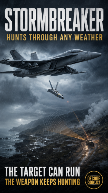 DecodeConflict's tweet photo. STORMBREAKER: THE BOMB THAT HUNTS THROUGH BAD WEATHER
Decode Conflict Technology Assessment

The U.S. Navy has declared initial operational capability for the GBU-53/B StormBreaker on the F/A-18E/F Super Hornet.

StormBreaker is not simply another precision bomb. It combines three guidance systems: millimeter-wave radar, infrared imaging and semi-active laser guidance. That allows it to identify and strike moving or stationary targets through darkness, fog, smoke, rain and battlefield dust.

The weapon is also network-enabled. Operators can update its target information after launch, allowing the mission to change while the bomb is already in flight.

That matters because modern targets rarely remain stationary. Mobile missile launchers, air-defense vehicles and armored formations can reposition immediately after being detected. A weapon relying on fixed coordinates may arrive after the target has moved. StormBreaker is designed to continue searching and adjust.

Its relatively compact size also allows an aircraft to carry more weapons per mission than it could with larger precision munitions. The result is greater target capacity without requiring additional aircraft inside a contested battlespace.

StormBreaker previously entered service on the Air Force’s F-15E Strike Eagle and is being integrated with additional combat aircraft. Its arrival on the Super Hornet expands the Navy’s ability to conduct precision strikes from carrier-based aviation.

Decode Conflict Assessment

The decisive feature is not the explosive charge. It is the seeker.

StormBreaker gives American pilots a weapon capable of operating when weather, smoke and movement would defeat less advanced guidance systems.

The target can run. The weather can collapse. StormBreaker keeps hunting.