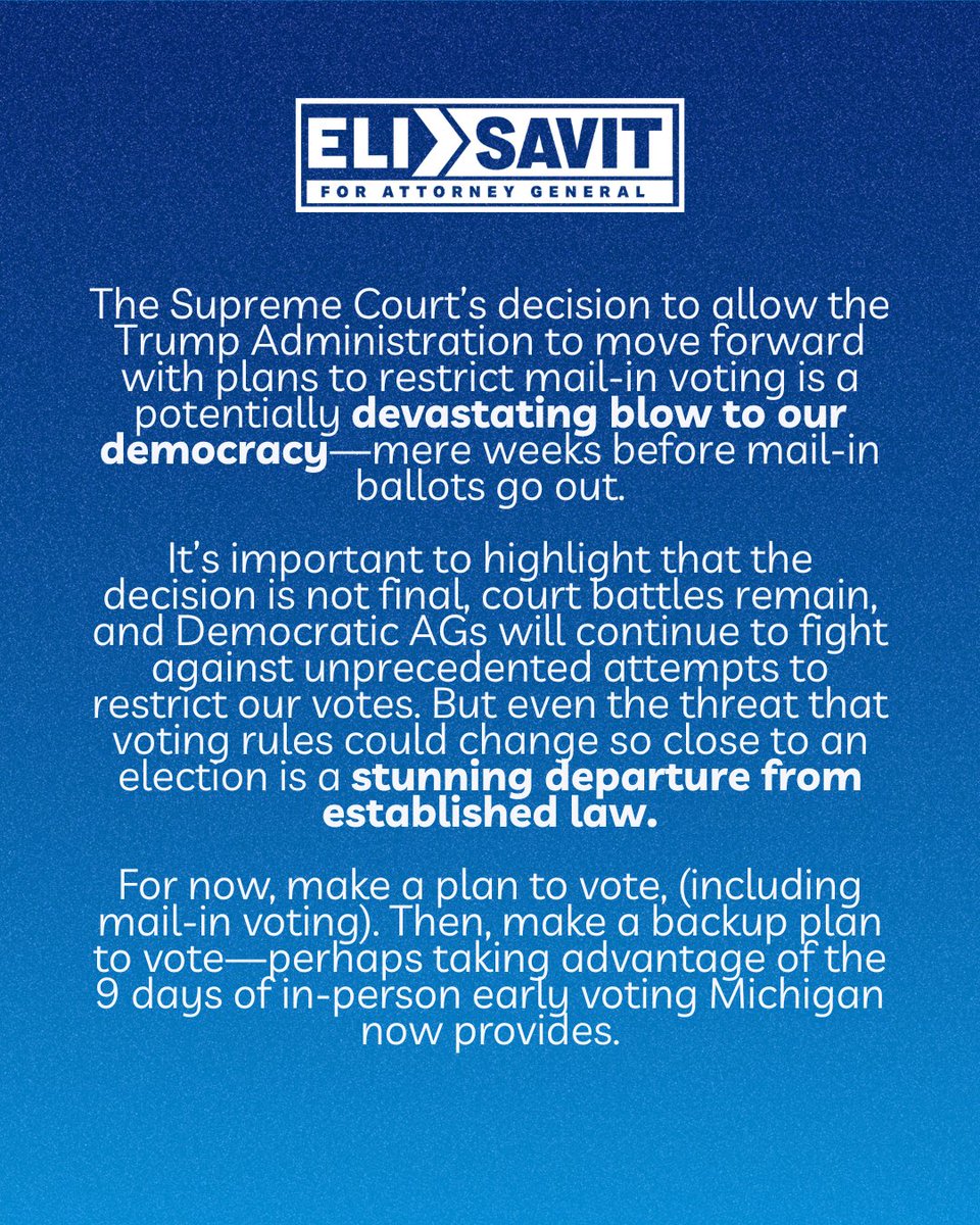 EliNSavit's tweet photo. The Supreme Court just allowed the Trump Administration to move forward with plans to restrict mail-in voting.

Fights remain. Democratic AGs will continue leading them. 

But make a backup plan to vote now. And in November, remember who’s trying to take so much away from you. https://t.co/MQCw57T7QY