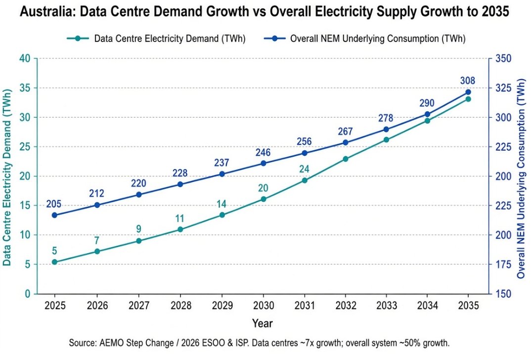 TH_INTRECEnergy's tweet photo. In Australia, data centre electricity demand is growing far faster than overall generation and consumption.

Under AEMO’s Step Change outlook:
1. Data centres: from ~5 TWh today to ~34 TWh by 2035-36 — roughly a 7× increase
2. Overall NEM underlying consumption: from ~205 TWh to ~308 TWh — about a 50% increase over the same period

Generation is being added at pace, but the rate of growth in data-centre load is several times higher than the growth rate of the system as a whole.

That differential is why connection queues, local augmentation costs and firm capacity in the right locations are becoming the binding constraints — not the absolute volume of new renewable generation.

The sites that can deliver firm, battery-backed capacity quickly will capture a disproportionate share of the next decade’s demand.