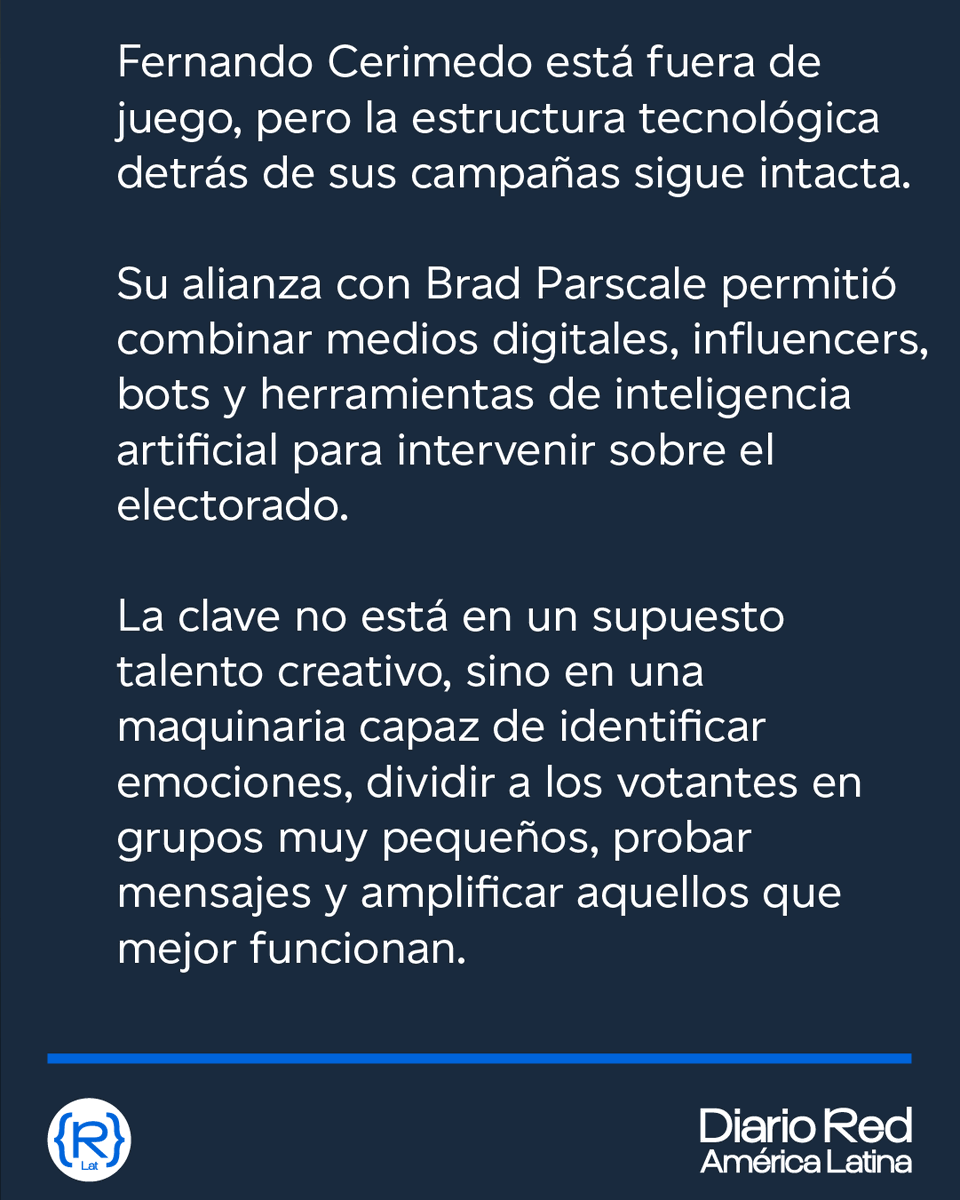 DiarioRedAmLat's tweet photo. 🇺🇸 La maquinaria electoral de Brad Parscale busca un nuevo Cerimedo

Fernando Cerimedo está en la cárcel, pero la maquinaria electoral que lo hizo fuerte sigue intacta y los porros digitales nada más están a la espera del nombramiento de un nuevo jefe

 ✍️Leonardo Toledo (@leonardotoledo)

https://t.co/rXBHCKp875