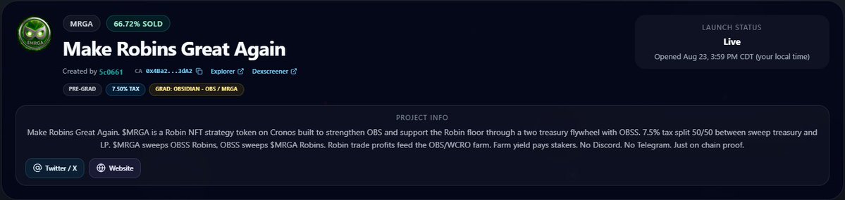 MRGA_OBS's tweet photo. 66.7% bonded and climbing.

Every buy gets us closer to activating the OBS farm and the two treasury flywheels.

Robin NFTs are undervalued. $MRGA fixes that.

@PUUSHDABUTTON  links in comments.

https://t.co/cUQosQxa5L

#Cronos #RobinNFT https://t.co/ZSr6oACAKc