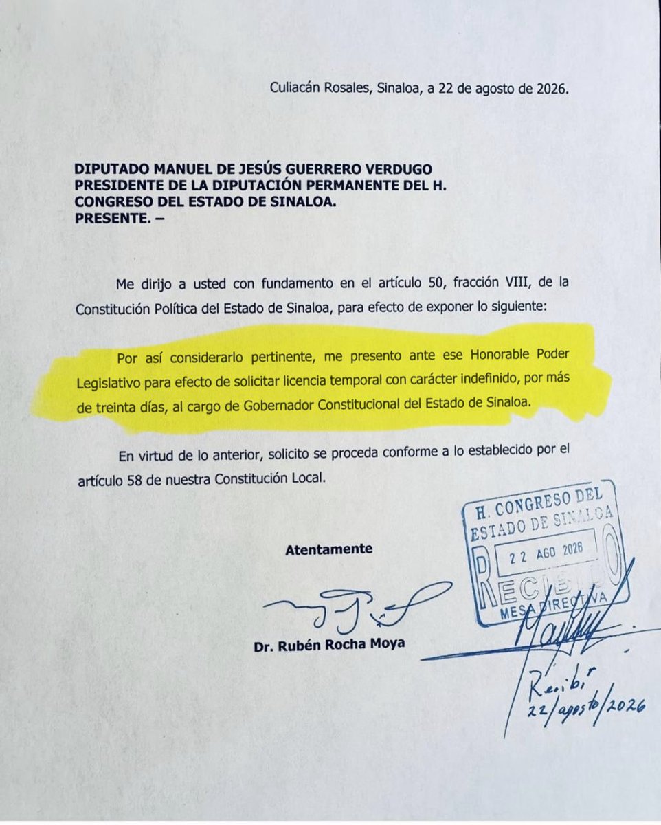 mario_dico50's tweet photo. 🔴 MIENTE OTRA VEZ SHEINBAUM SOBRE ROCHA MOYA EN LA MAÑANERA ALGO TRAMAN: Durante la Mañanera CSP afirmó que Rocha Moya había solicitado “licencia definitiva” lo cual es FALSO , ya que su carta del 22 de agosto  señala que : “licencia temporal con carácter indefinido” https://t.co/nbBjEzAPzv