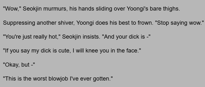 deepslowpanic's tweet photo. I'm sooooo close to done with the final chapter, hoping I'll be able to post next week after it's complete and my beta has had a chance to take a look!!

Yoonjin remain ridiculous :) https://t.co/aUEfA9s3up