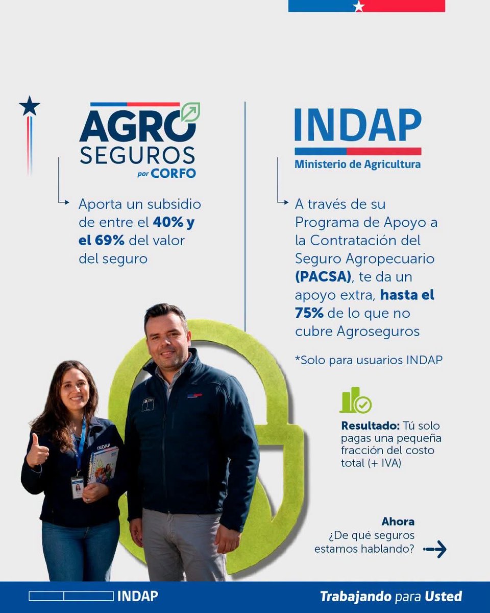 Agroseguroscl's tweet photo. ¿Quieres proteger tu producción agrícola, pero te preocupa el costo del seguro?  

¡El Gobierno de Chile te apoya! 

Desliza para que estés al tanto de todo lo que debes saber al respecto —> 

 Conoce más en https://t.co/ESnsFBLzNs

#Agroseguros #INDAP #Minagri #Corfo  #Subsidio https://t.co/H4R3Zvw7N0