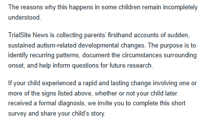 GoodLuck_BSafe's tweet photo. Parent Survey on Sudden-Onset Autism (SOA)
https://t.co/C3c9i86PeP https://t.co/mxQU0jYoJC