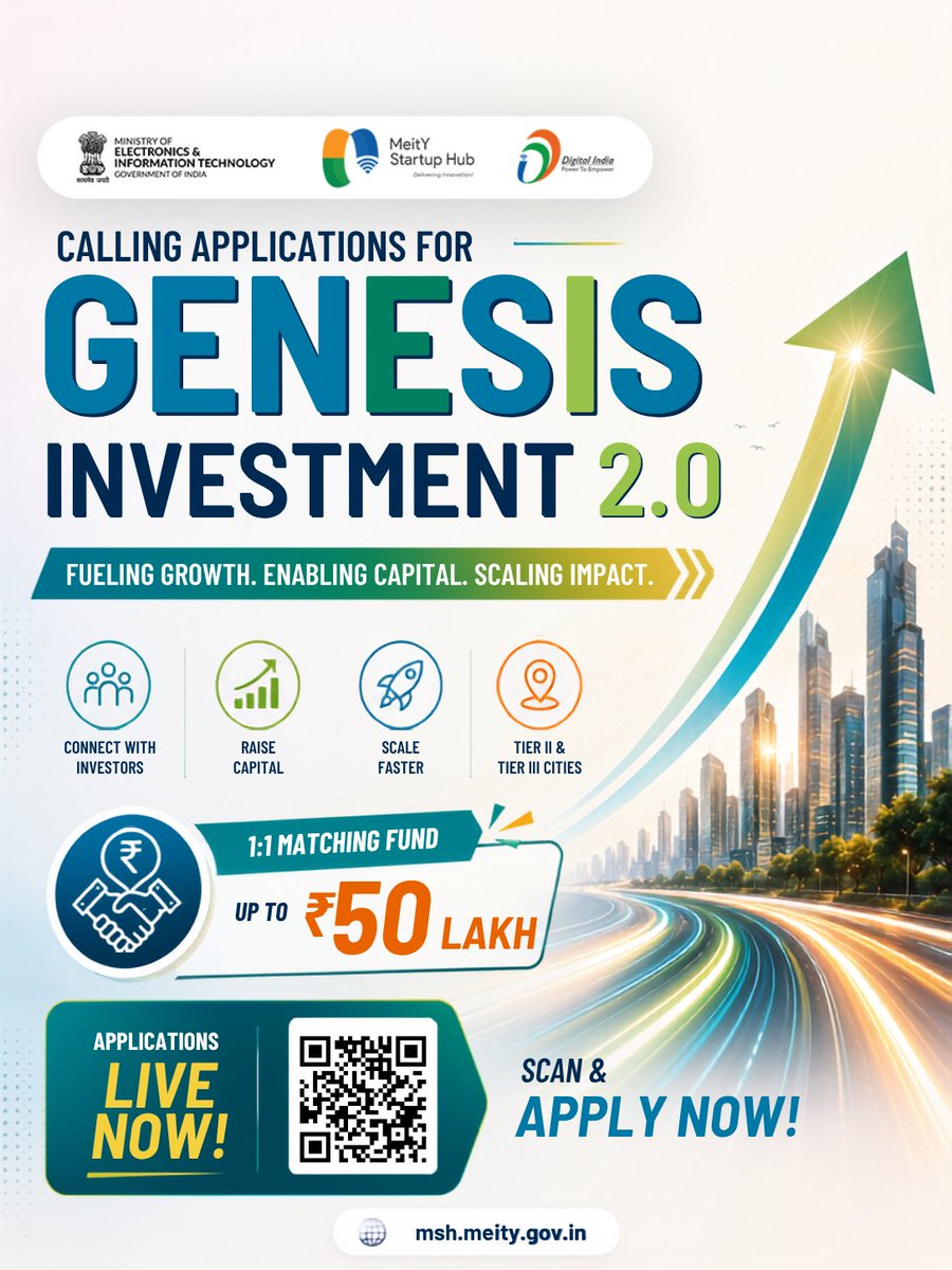 meitystartuphub's tweet photo. MeitY Startup Hub is inviting applications for GENESIS Investment 2.0, an initiative designed to help promising startups accelerate their growth journey.

APPLY NOW: https://t.co/yKgijByFO6 https://t.co/yDXtBsuVO5