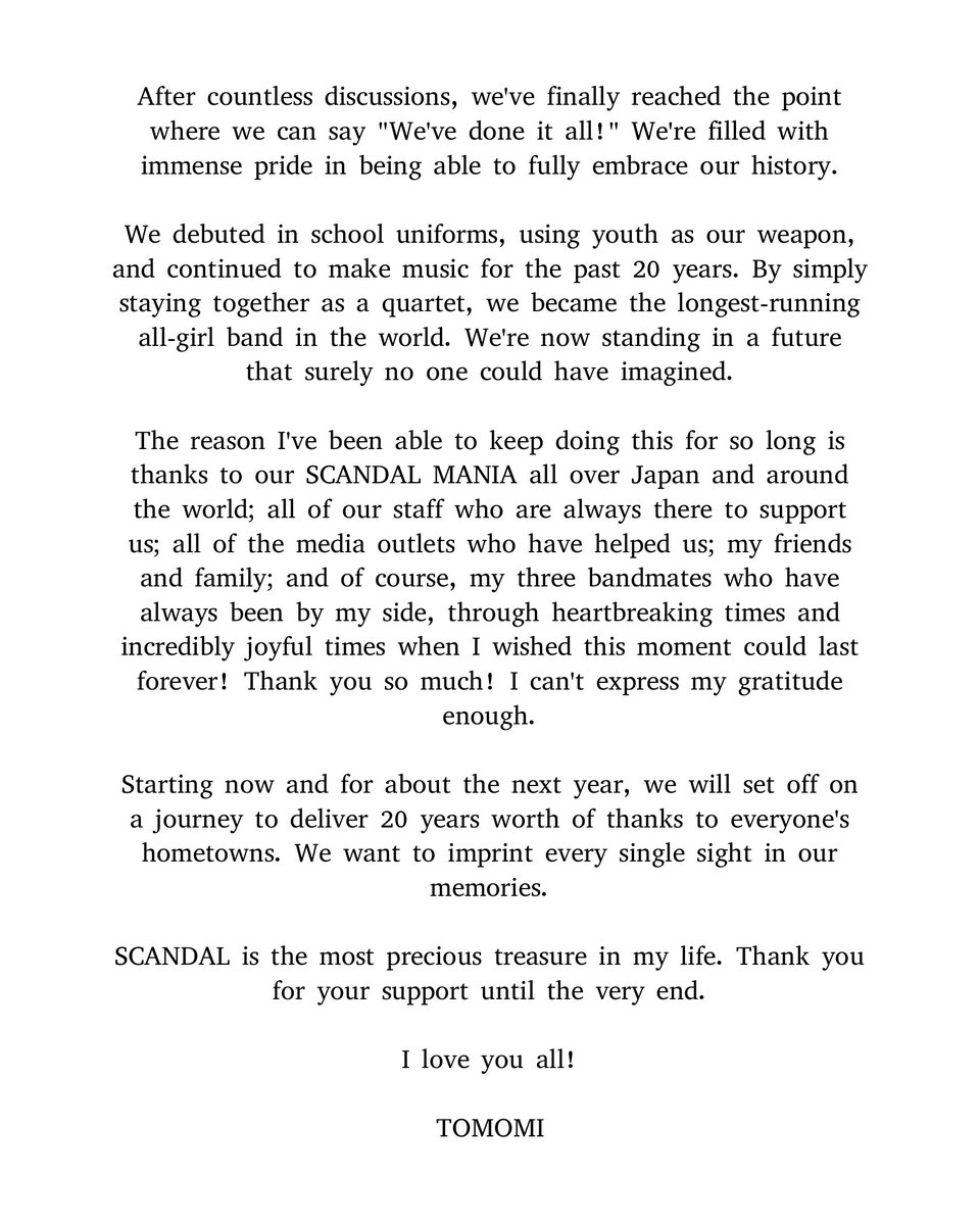 scandal_heaven's tweet photo. Here are SCANDAL members' individual messages on their recent announcement to end band activities next August. https://t.co/RbDB7wM35B