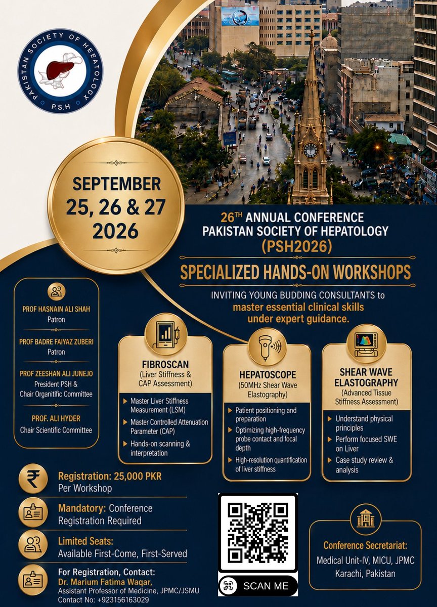 PSH_Office's tweet photo. Workshop on Liver Elastography Skills at PSH 2026

We are thrilled to announce three specialized, hands-on workshops taking place during the 26th Annual Conference of the Pakistan Society of Hepatology this September! https://t.co/pf1SvVSqEa