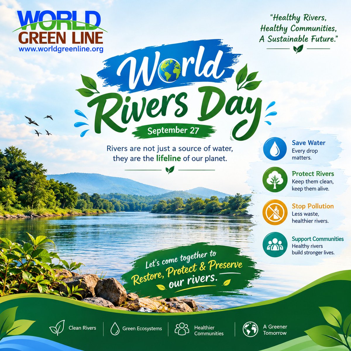 worldgreenline's tweet photo. Every Drop Counts!
Save water, reduce wastage and protect our rivers. π±π
Save Water. Save Life.
#SaveWater #EveryDropCounts #WorldGreenLine https://t.co/jjSriCZBwQ