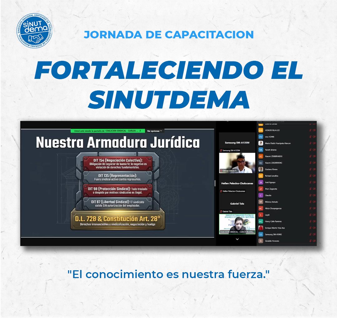 sinutdema's tweet photo. Con gran marco de participación, el @sinutdema  realizó la Capacitación Virtual en Negociación Colectiva por su 6º Aniversario. 
Fortalecer los conocimientos de nuestros afiliados es la clave para consolidar nuestra unidad y defender con firmeza nuestros derechos. https://t.co/1w7nzOcYO0