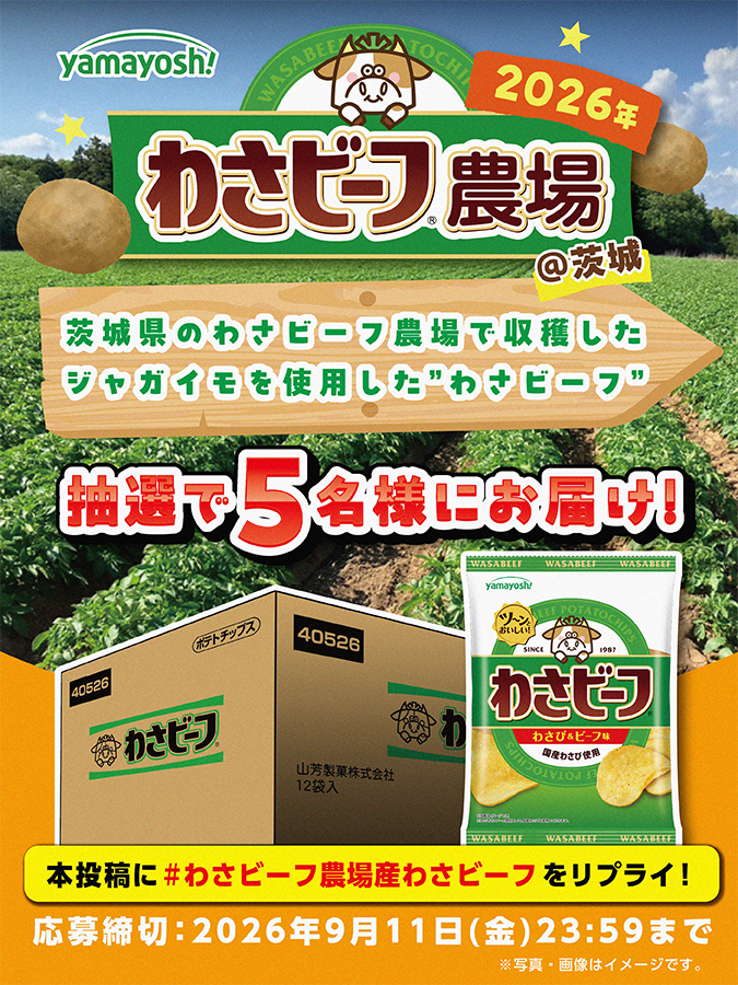 yamayoshiseika's tweet photo. ／
🐮🥔わさビーフ農場産わさビーフ🥔🐮
✨フォロー＆リポストキャンペーン✨
＼

茨城県にあるわさビーフ農場で収穫したじゃがいも🥔を使用したわさビーフが当たる！？
「わさビーフ」１箱(12袋入)
合計１箱が抽選で５名様にお届け🎉

✅@yamayoshiseika をフォロー＆リポスト！
✅「 #わさビーフ農場産わさビーフ 」をリプライ！ 
※スレッドの応募規約をご確認ください。