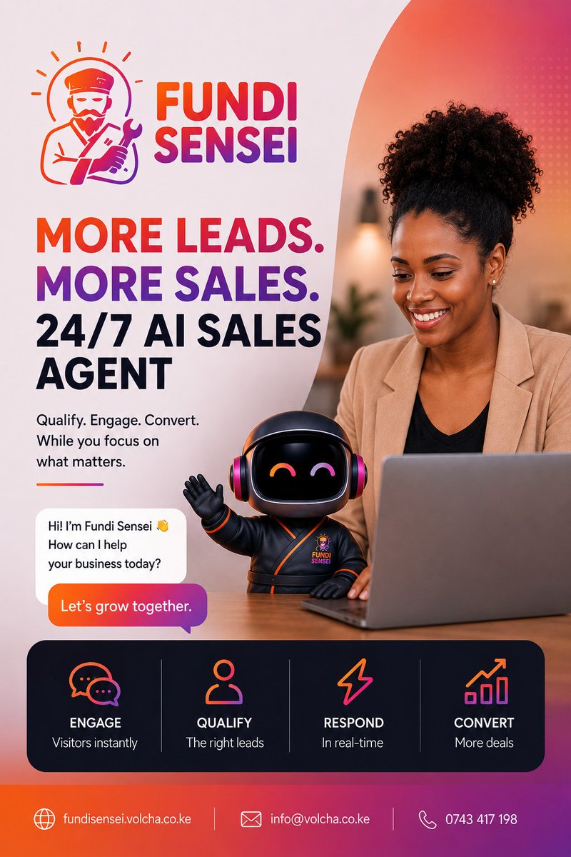 Volcha_Ent's tweet photo. Meet FundiSensei - your AI sales agent 🤖

It answers FAQs, recommends products/services, handles sales inquiries, and hands off to humans when needed.

Try it: https://t.co/jI6eKx89o7

Want it for your business? https://t.co/1Dzc4FHjAd https://t.co/VdWuc2iC18