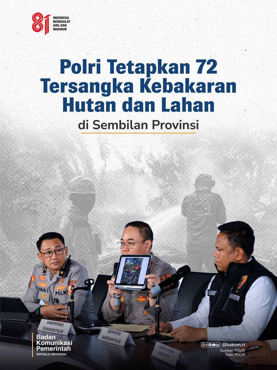 PolresTual's tweet photo. Polri menetapkan 72 tersangka dalam kasus kebakaran hutan dan lahan (karhutla) yang terjadi di sembilan provinsi. Hingga 23 Agustus 2026, sebanyak 89 laporan polisi telah ditangani oleh sembilan polda terkait.

Penyelidikan menemukan dugaan pembakaran yang dilakukan untuk membuka https://t.co/r1uzMaQ5pM