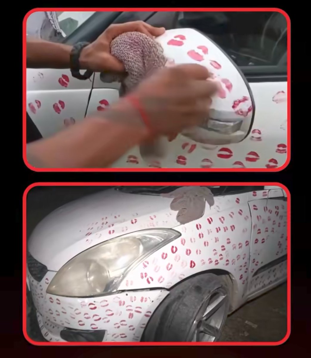 iamvikrant__'s tweet photo. In #Gwalior , MP, a man had his girlfriend kiss his car 3,400 times with lipstick for a social media reel, which took three hours.

The car, covered in kiss marks, went viral, attracting 5.5 million views.

Traffic police seized the car, fined the owner 5,500 #rupees for #traffic violations, and made him wash off the lipstick marks at the police station.
Cool banne nikle the… 😎
Challan katwa ke wapas aa gaye! 😂💸