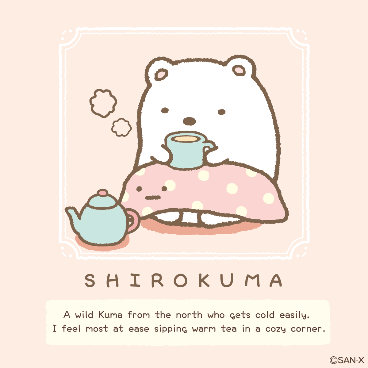 Sumikko_global's tweet photo. Shirokuma🐻‍❄️

A wild Kuma from the north who gets cold easily.

I feel most at ease sipping warm tea in a cozy corner. 🍵

#Sumikkogurashi #sanx #sumikkogurashiglobal https://t.co/mfoRh8kpPt