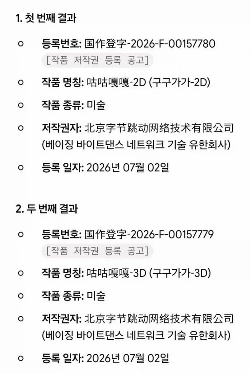 Not_That_Do's tweet photo. 일명 '구구가가'를 하이퍼그리프도 아니라 뭔 영상 플랫폼 회사따리인 (틱톡의 자회사인) 바이트댄스라는 듣보잡 벙신들이 저작권 등록을 하고 슈킹질을 하려는 시도를 해서 핲그가 칼질하려는 것으로 보이긴 함 https://t.co/juQvhUYURl
