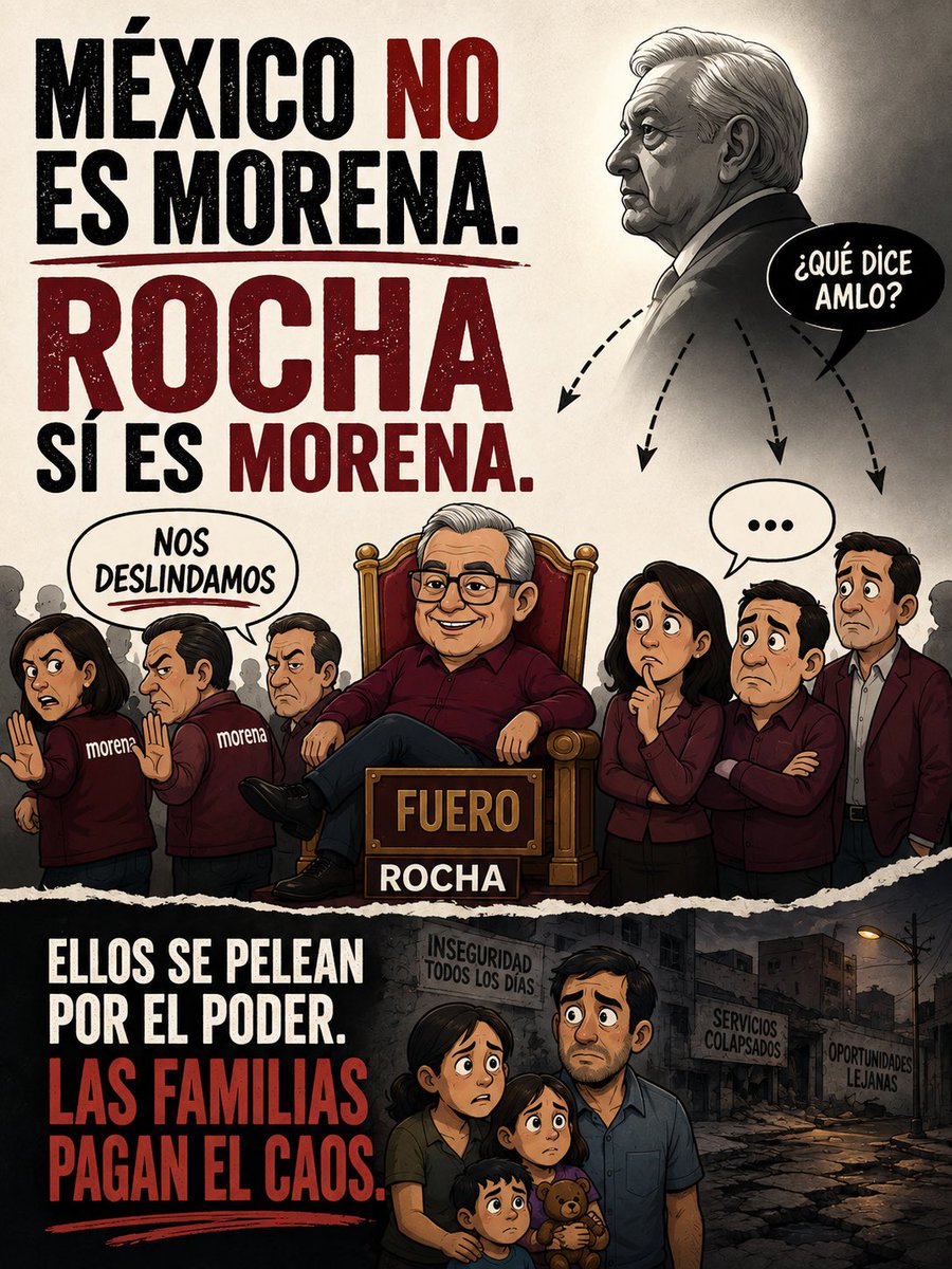 SocCivilMx's tweet photo. Rocha está logrando lo imposible:

que Morena se exhiba sola.

Unos se deslindan.
Otros se hacen los mudos.
Y todos voltean a ver qué dice AMLO.

La “unidad” guinda ya parece pleito por la herencia.

México no es Morena.
Rocha sí es Morena.

#PrimeroLasFamilias #NoMásPoderAlPoder #FueElEstado