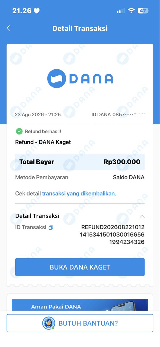Dtarvn's tweet photo. 4. ⁠Pukul 21:15 ada notif trx daget berhasil dan saya lngsng kasih kabar ke korban. Selang 10mnt (21.25) ada notif baru dari Dana, dimana trx daget direffund. Saya lngsng cek saldo dana dan saldo sudah kembali ke saya. Sehingga uang 300k saya kembalikan kepada pihak korban. https://t.co/s0h927iUKR